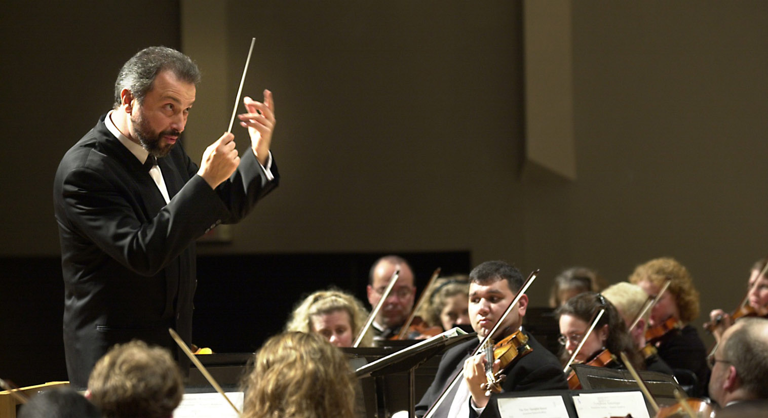 Conductor leads an orchestra