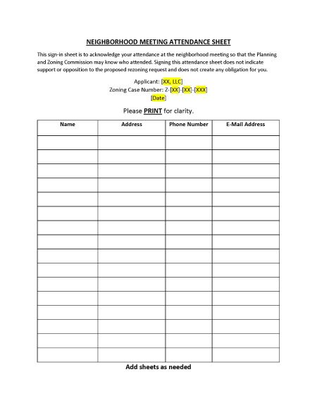 Example Neighborhood Meeting Sign-In Sheet