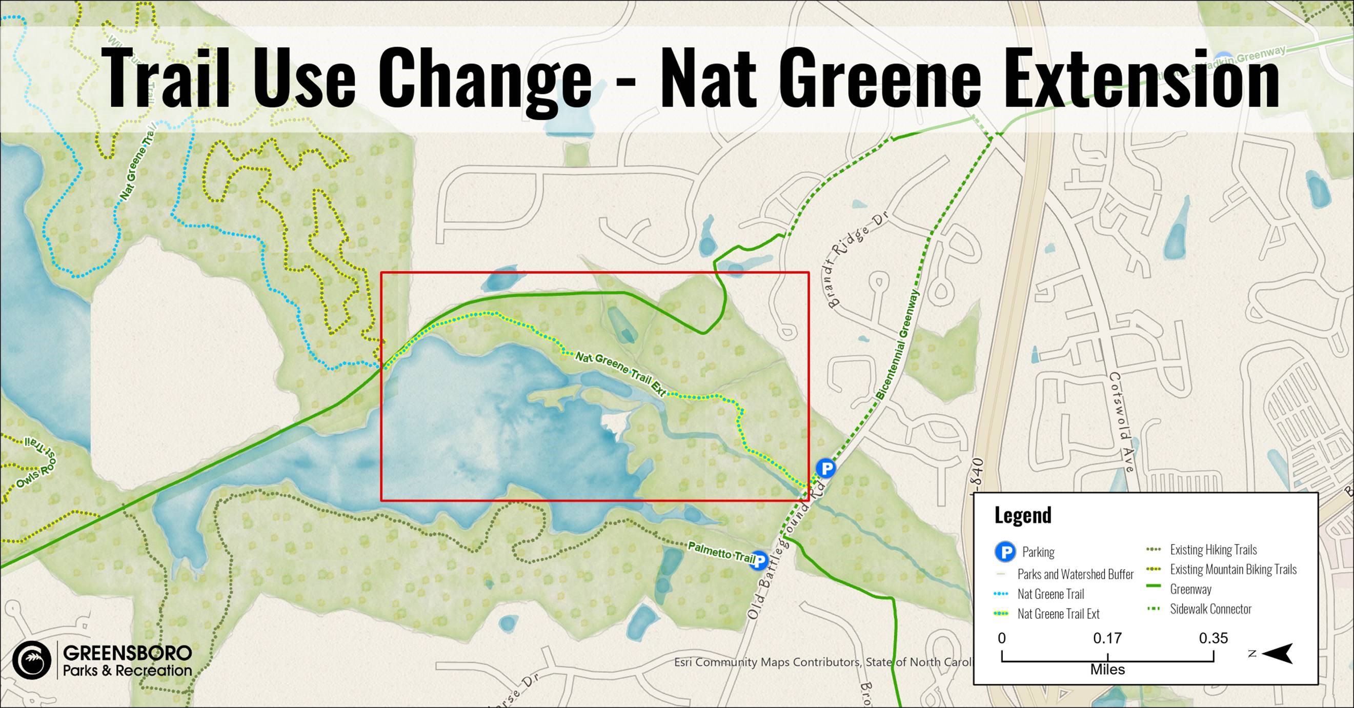 Map depicting the section of the Nat Greene Trail between the Atlantic and Yadkin Greenway and Old Battleground Road.